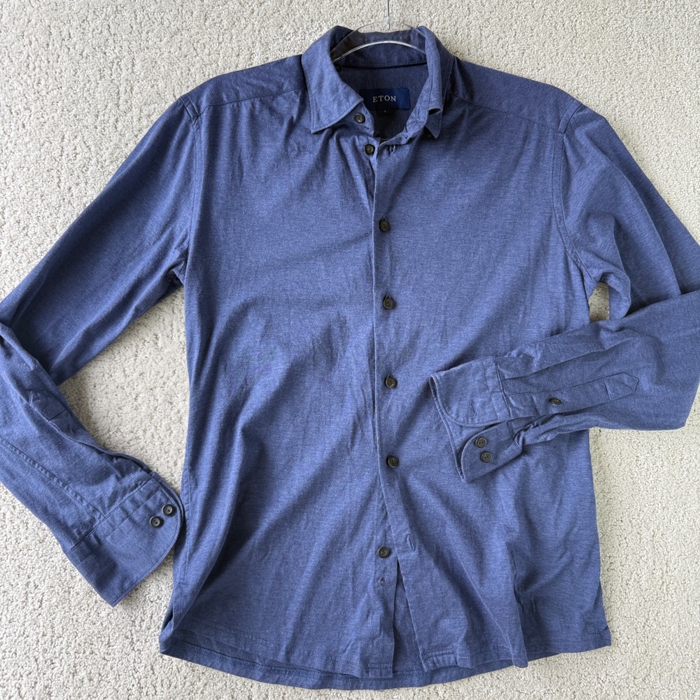 Eton Button Down Shirt Mens S Blue Jersey Cotton Long Sleeve Spread Collar